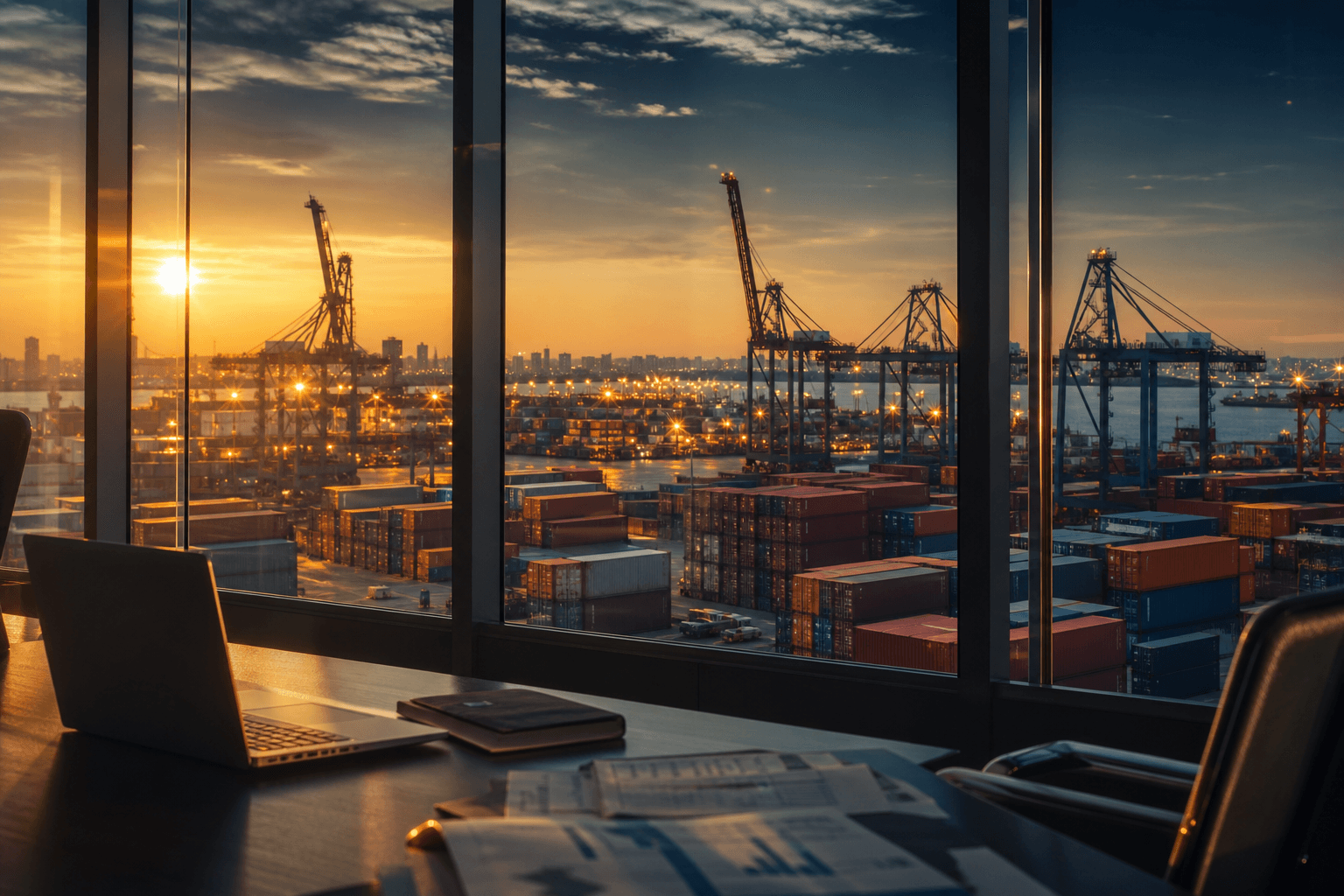 Logistics operations overlooking a global shipping port