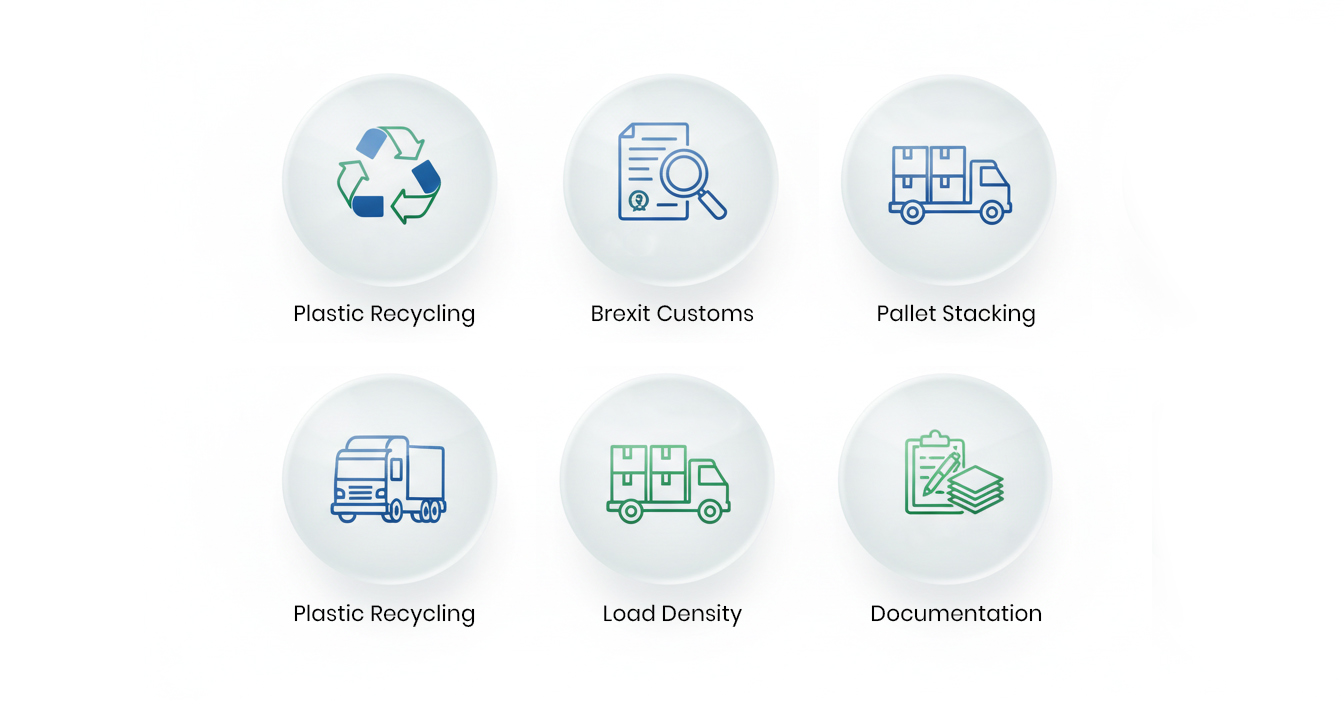 Warehouse overview of palletised empty plastic bottle supply