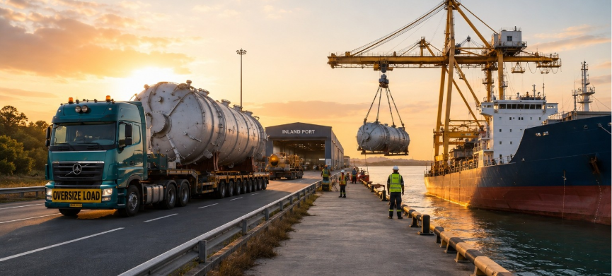 Inland port heavy-lift operation for oversized industrial cargo