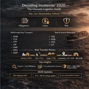 Clarusto Logistics Incoterms 2020 guide showing cargo ship and plane.